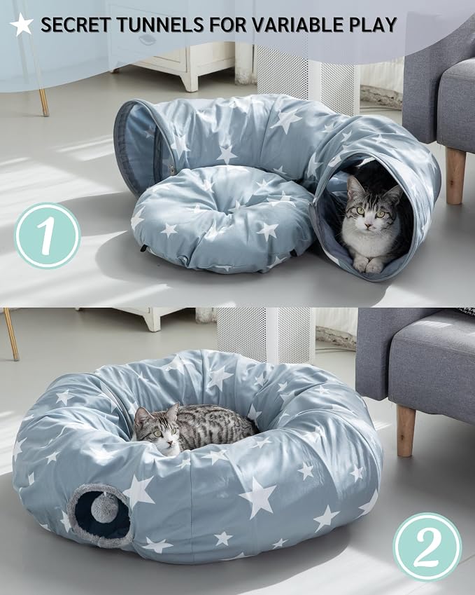 JanYoo Cat Tunnel with Cat Bed 35.4" Collapsible Playground for Indoor Cats | Large Soft Plush Washable Hide Seek Tube with Interactive Toys Round Pet Tunnel for Kittens,Adult Cats,Squirrels