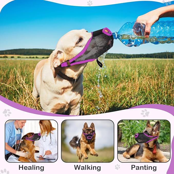 Dog Muzzle, Soft Air Mesh Muzzles for Small Sized Dogs, Breathable Dog Mussels for Scavenging Biting Licking & Barking,Adjustable Mouth Guard with Front Opening, Allows Panting and Drinking (Purple,L)