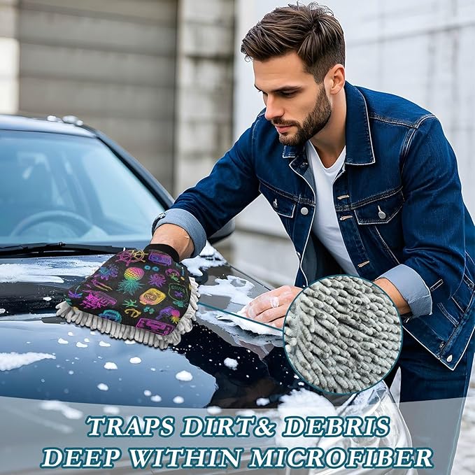 Car Wash Mitt Microfiber Wash Mitts for Car Washing Scratch-Free Cleaning Gloves Soft Non Absorbent Chenille Auto Hand Mitt Medium 2Pack Neon Ships Pineapple Skull Black