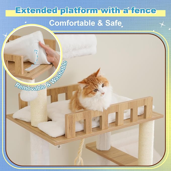 Hey-brother Wooden Cat Tree, 69.7 inch Cats Furniture Tower with Large Platforms, Hammocks, Spacious Condo, Full Sisal Scratching Posts, Ladder, Brush, Water Proof Surface, White Oak MPJ121BT