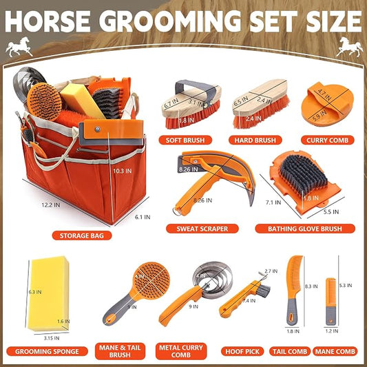 Orange Horse Grooming Kit - 12-in-1 Complete Set with Handbag, Horse Brushes, Curry Comb, Hoof Pick, Sweat Scraper, Sponge for Horse Owners and Riding Enthusiasts