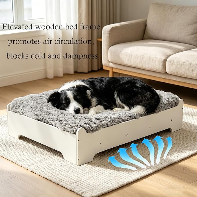 Elevated Dog Bed 37⅜" × 28⅜"×7⅝”, Raised Wooden Dog Bed Frame and Mattress for Large Pets up to 80lbs
