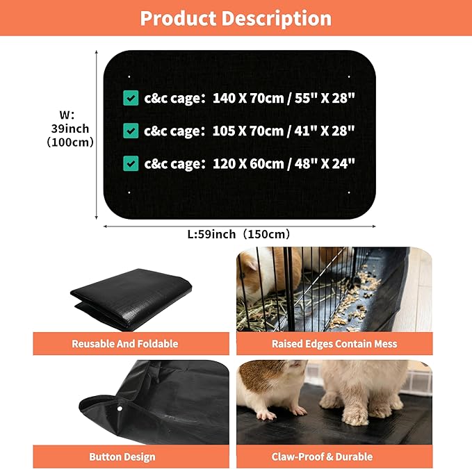 Waterproof Guinea Pig Cage Liner Mat 59x39 Inches - 100% PVC Waterproof Base for Rabbit Hutch C&C Cages Hamster Playpen, Snap Edges, Mess Containment, Extra Large Pet Floor Mat (Black)