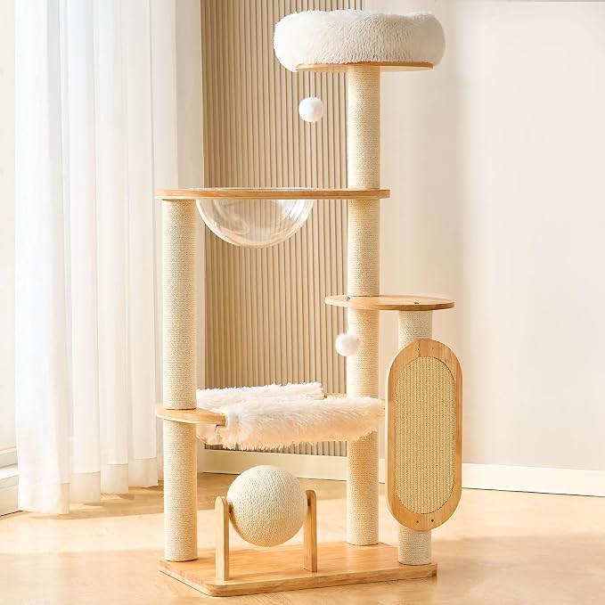 HITTITE Solid Wood Cat Tree Tower with Scratching Post, 53 Inches Tall Cat Towers with Scratching Board and Scratcher Ball, Modern Cat Tower with Space Capsule and Removable Top Bed for Indoor Cats