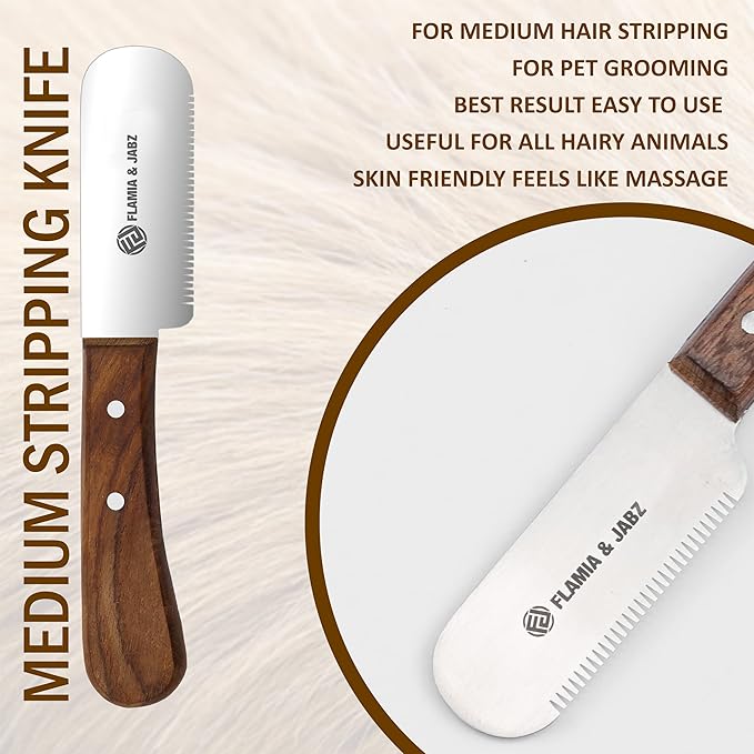 FLAMIA & JABZ Professional Dog Grooming Hand Stripping Knife, Stripper Trimmer Tool, Red Meranti Wooded Handle non slip grip with Tripping Stainless Steel blade (3 Piece Pack, Left Handed)