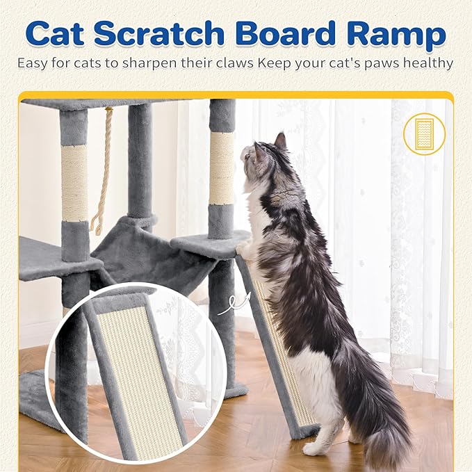 ABCPET Cat Tree Tower 63in Multi-Level Cat Tower for Indoor Cats with Sisal Scratching Posts, Condo, Hammock, Dangling Ball and Extended Platform for Cats to Play, Light Grey