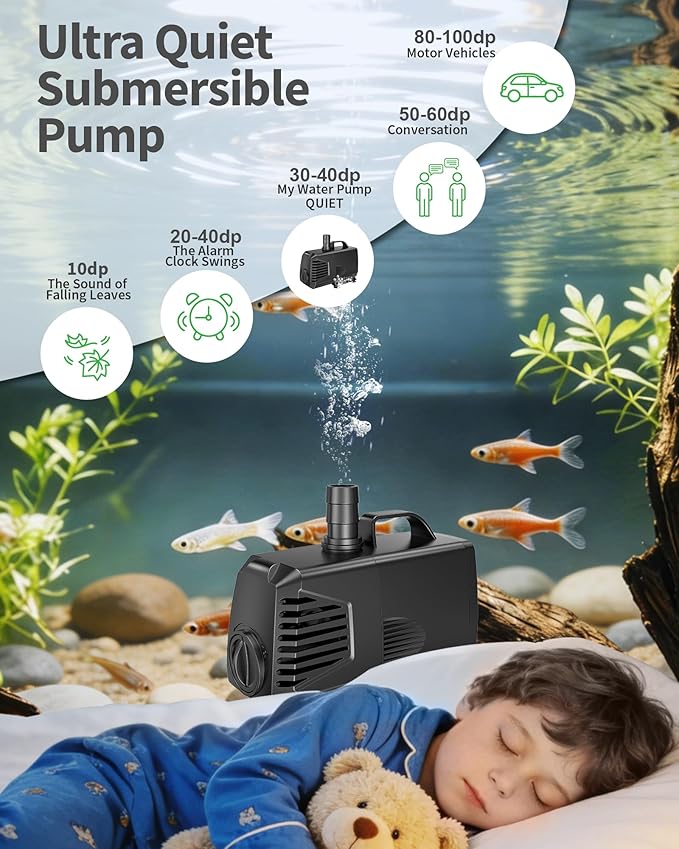 POPOSOAP 680GPH Submersible Pump(2400L/H, 55W), Ultra Quiet Fountain Pump with Over Heating Protection & Filter Sponge 8.5ft High Lift for Pond, Fish Tank, Aquarium, Hydroponics, Waterfall Q104