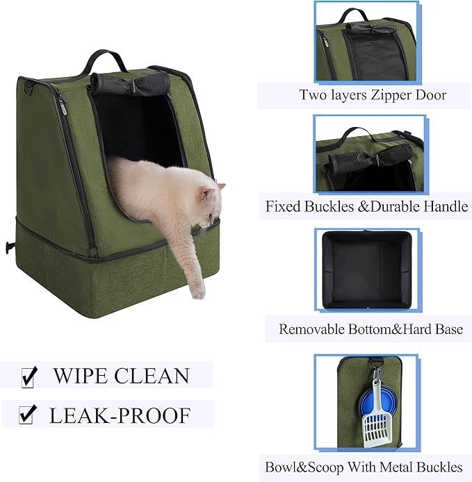 apollo walker Portable Cat Travel Litter Box with Zipped Waterproof Bag,No Collapse with Hard Base Insert at Bottom, No Leakage, No Smell, Easy to Carry, Easy to Use in Hotels, Car Green