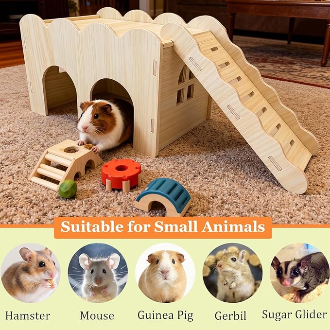 Guinea Pig Hideout Hamster Wood House Platform with Ladder for Rat Hamster Squirrel Gerbil Sugar Glider