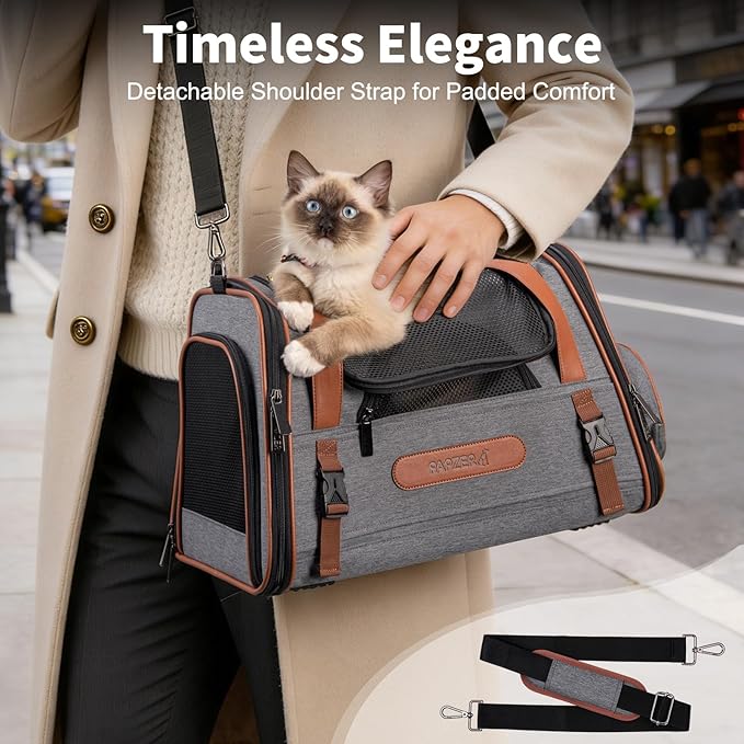 Heavy-Duty Premium Pet Carrier, Medium to Large Cat Carrying Bag with Seatbelt Strap Car Travel, Top & Side Load Crate Durable Foldable Kennel Cage for Small Dogs Under 10 lbs Leather