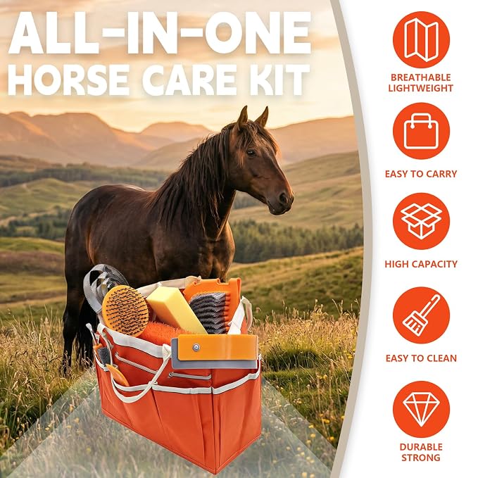 Orange Horse Grooming Kit - 12-in-1 Complete Set with Handbag, Horse Brushes, Curry Comb, Hoof Pick, Sweat Scraper, Sponge for Horse Owners and Riding Enthusiasts