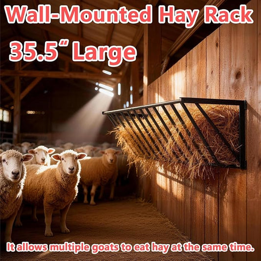 Goats Hay Feeder, 35.5'' Long, Heavy Duty Iron Wall Hay Rack, Blanket Holder, Large Capacity for Goats,Horses,Cattle and Other Livestock, Farm Indoor and Outdoor Use, Black