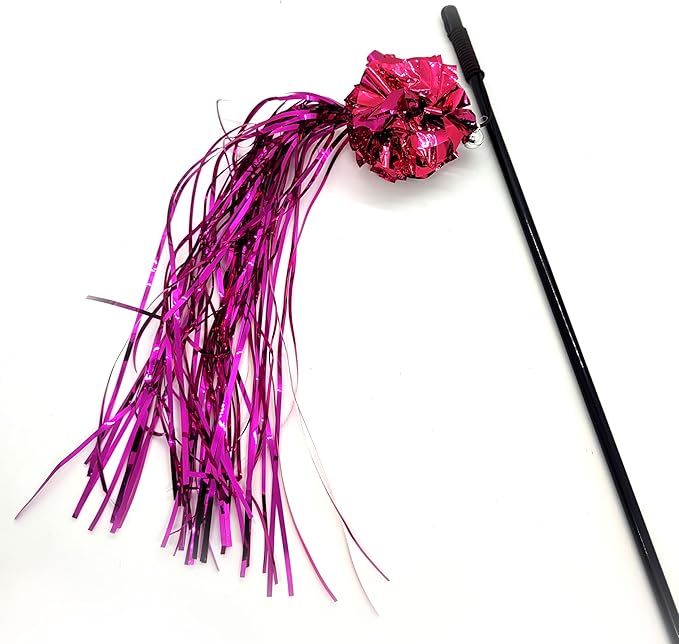 Kats'N Us 10 Inch Mylar Crinkle Ball with Tinsel Teaser Wand Cat Toy - Pink Hunting Instinct Play, Interactive Exercise Attachment for Indoor Cats