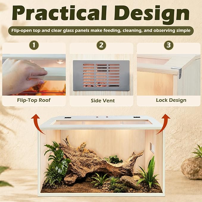 PROLEE Bearded Dragon Tank,Wooden Reptile Tank and Lizard Tank,Tempered Glass Large Bearded Dragon Enclosure with Built-in Lamp Fixture (24X16X16inch,24 Gallons)
