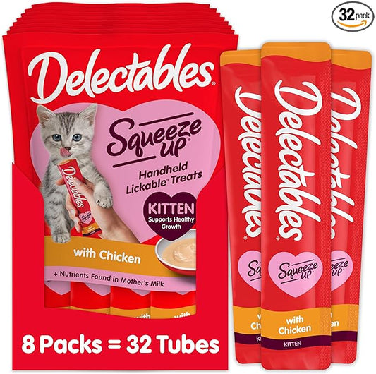 Delectables Squeeze Up Kitten Creamy Squeezable Puree, Lickable Wet Cat Treats, Grain Free, No Added Fillers, No by-Products, No Added Preservatives, 0.5 Ounces Tube Chicken, 32 Tubes Total
