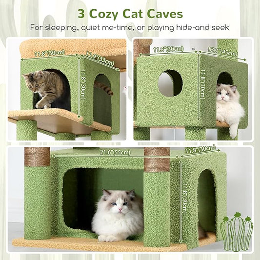 Globlazer Large Cat Tree, 80 inch Multi-Level Cactus Tall Climbing Tower Kitty Condos Cat Scratching Tower for Indoor Multiple Large Adult Cats Kittens with 3 Cat Caves, 3 Hanging Baskets, F80F, Green