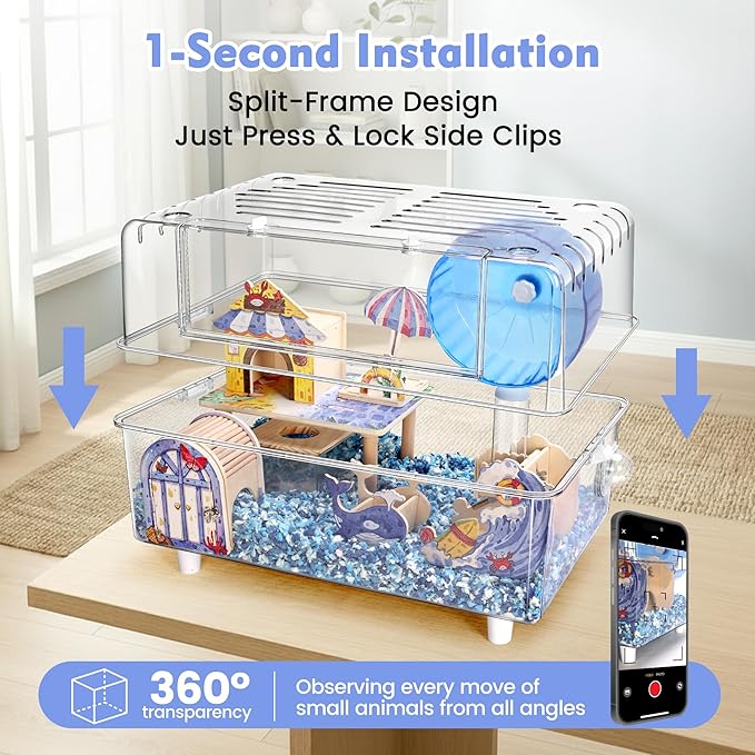 10-in-1 Acrylic Hamster Cage with Stand & Ocean Accessories, 23.2"x14.8"x15.2" Large 2-Tier Syrian Hamster Habitat, Starter Kit for Pet Mice & Hamsters, Easy to Assemble & Clean