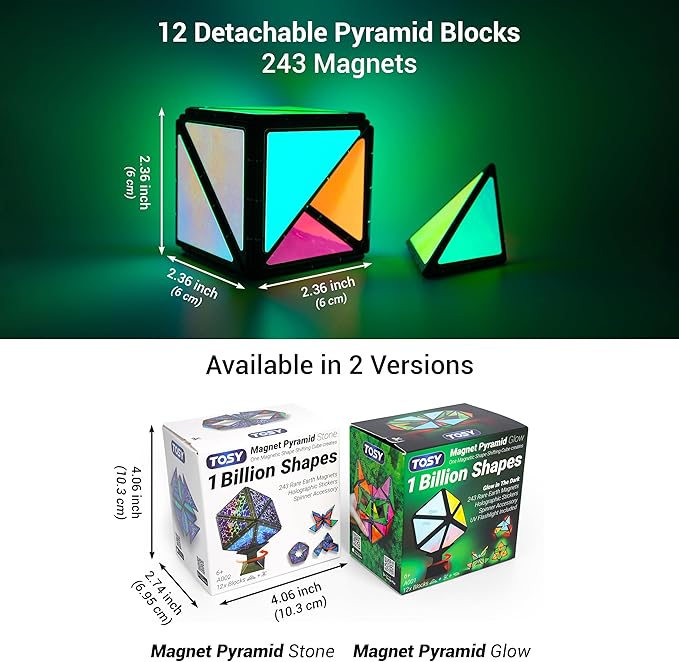 TOSY Magnet Pyramid Stone - 1 Cube Transforms into 1 Billion Shapes (Bunny, Egg, Flowers, Heart), Easter Basket Stuffers Gift, 12 pcs, 243 Magnets, Holographic Design, Puzzle/STEM Toy, 3-Pack