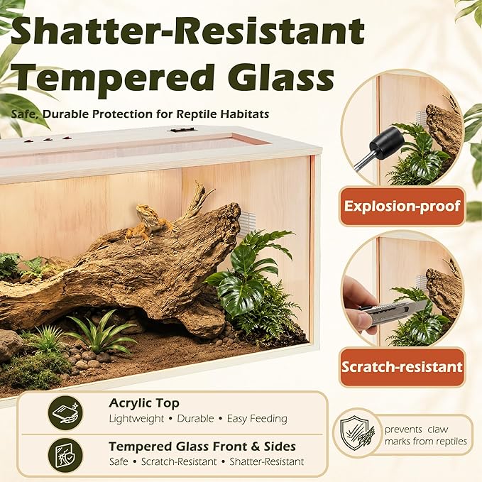 PROLEE Bearded Dragon Tank,Wooden Reptile Tank and Lizard Tank,Tempered Glass Large Bearded Dragon Enclosure with Built-in Lamp Fixture (40X20X20inch,65 Gallons)