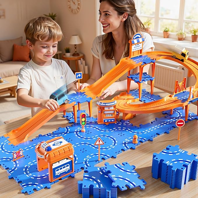 NIPLOOOW Puzzle Race Car Track Set for Kids 3-5, Floor Puzzle Track Car Set, Toddler Toys for 3 4 5 6 Years Old Boys, Toys Gift for Kids Boys Girls Age 3 4 5 6 7 8 Years Old