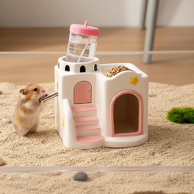 Ceramic Hamster Hideout - 3-in-1 Small Animal Climbing Feeding Hideaway House with Water Bottle, Pink Castle Shaped Chew Proof Mini Summer Cooling Hut Cage for Dwarf Hamster Mice Rat
