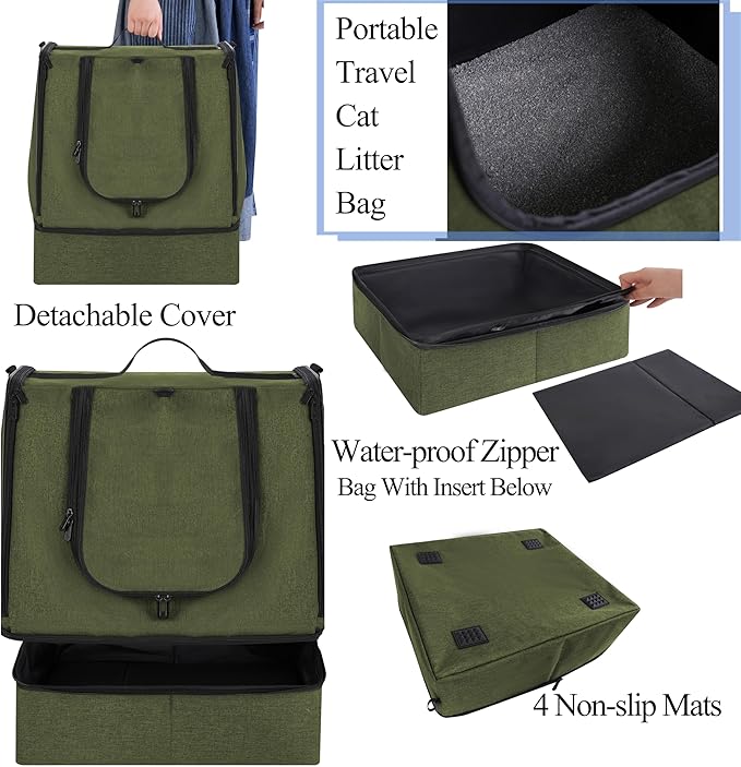 apollo walker Portable Cat Travel Litter Box with Zipped Waterproof Bag,No Collapse with Hard Base Insert at Bottom, No Leakage, No Smell, Easy to Carry, Easy to Use in Hotels, Car Green