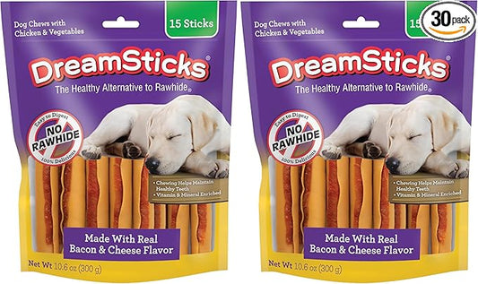 DreamBone DreamSticks with Real Bacon and Cheese Flavor, Rawhide Free Dog Chew Sticks, (Pack of 30)