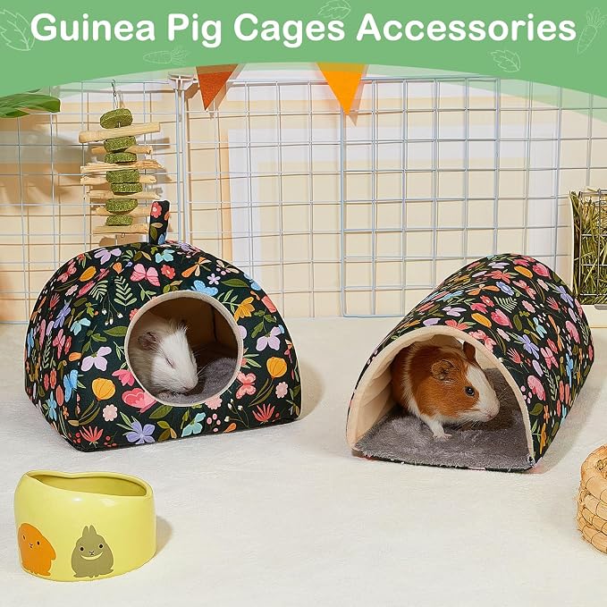 Guinea Pig Hideout, Bienbee Washable Rabbit Bed with Guinea Pig Tunnel, 2 Pack Guinea Pigs Toys Set Bunny Hideout Cage Accessories for Hamster Ferret Rabbits Bunny, Green Flowers