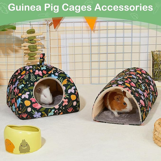 Guinea Pig Hideout, Bienbee Washable Rabbit Bed with Guinea Pig Tunnel, 2 Pack Guinea Pigs Toys Set Bunny Hideout Cage Accessories for Hamster Ferret Rabbits Bunny, Green Flowers