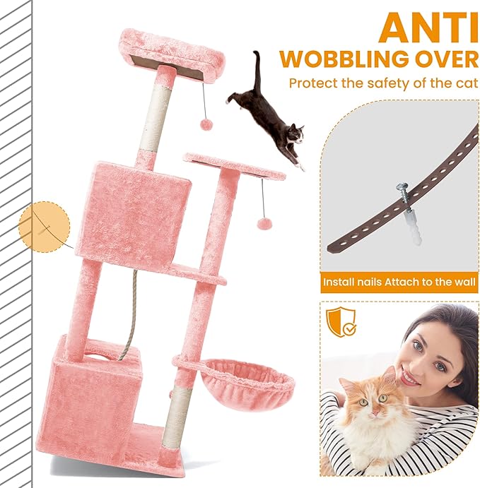 54-Inch Cat Tree Tower with 2 Caves & 2 Pompoms - Multi-Level Tower for Indoor Cats, Soft Plush Condo with Scratching Posts - Sturdy Base for Large Cats(Pink)
