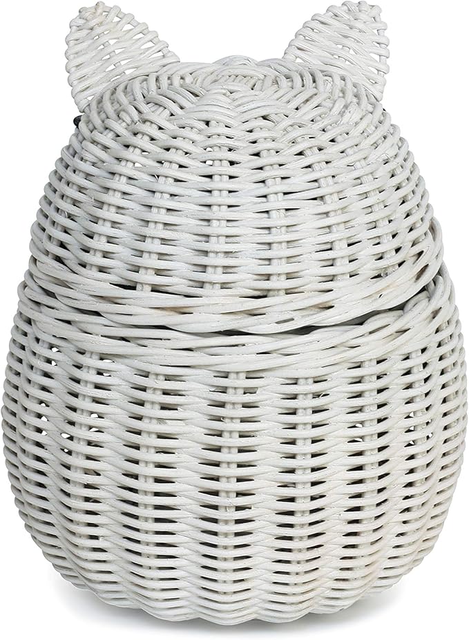 G6 COLLECTION Cat Rattan Storage Basket With Lid Decorative Bin Home Decor Hand Woven Shelf Organizer Cute Handmade Handcrafted Nursery Gift Animal Art Decoration Artwork Wicker Kitten