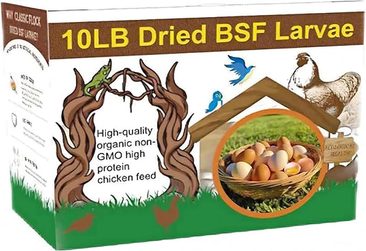 Classic Flock 10lb Dried Black Soldier Fly Larvae Chicken Feed,100% Natural Non-GMO BSF Larvae,More Calcium Than Mealworms,High Protein Chickens Treats, Food for Wild Birds, Ducks, Laying Hens