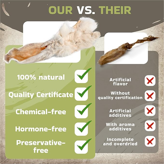 Rabbit Ears with Fur Dog Treats (50 pcs)| All-Natural, Hypoallergenic, Dehydrated Chews | Supports Dental Hygiene & Digestion | Ideal for Small, Medium & Large Dogs