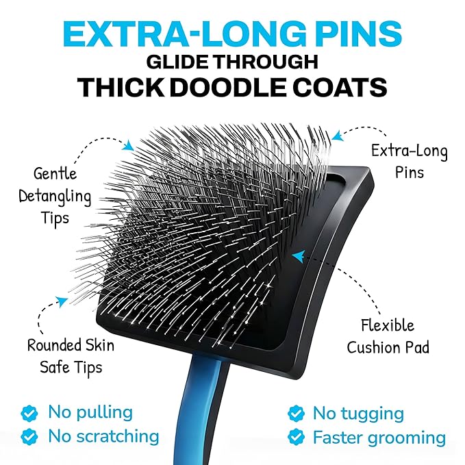 Grooming Kit, Slicker Dog Brush and Finishing Comb Set, Detangler & Dematting Grooming Tools for Dogs, Extra Long Pin Slicker & Metal Comb for Goldendoodle, Cockapoo, Cavapoo, Poodle