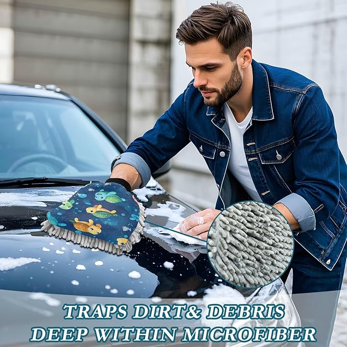 Car Wash Mitt Microfiber Wash Mitts for Car Washing Scratch-Free Cleaning Gloves Soft Non Absorbent Chenille Auto Hand Mitt Medium 2Pack Cute Turtles and Corals