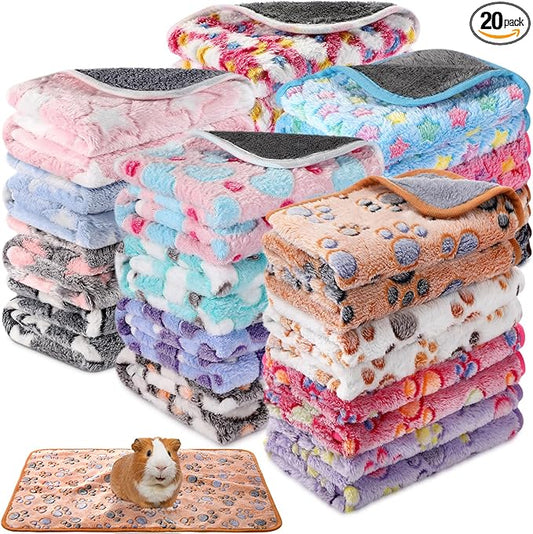 Newwiee 20 Pcs Waterproof Small Pet Fleece Blanket Bulk Washable Small Animal Cage Bedding Guinea Pig Puppy Dog Cat Pee Pad Liner Accessories(Assorted,12 x 12 Inch)