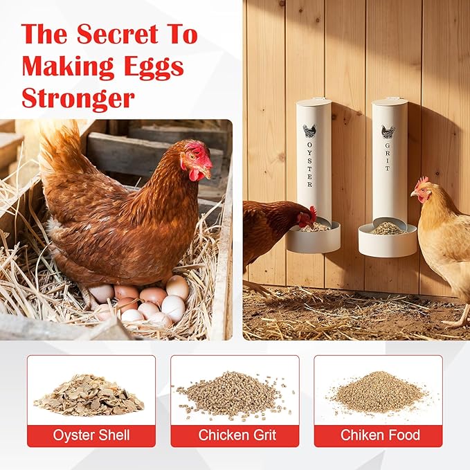Chicken Oyster Shell Feeder and Grit Feeder and 6 Pcs Automatic Chicken Waterer Cup, Metal Hanging Poultry Feeders and Plastic Poultry Water Cup, Coop Accessories, White