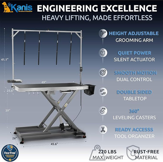 KANIS Professional Electric Dog Grooming Table - Heavy Duty, Height Adjustable Pet Grooming Table w/Leveling Wheels, Dog Grooming Arm, Anti-Slip Tabletop & Tool Organizer (Grey, 49")