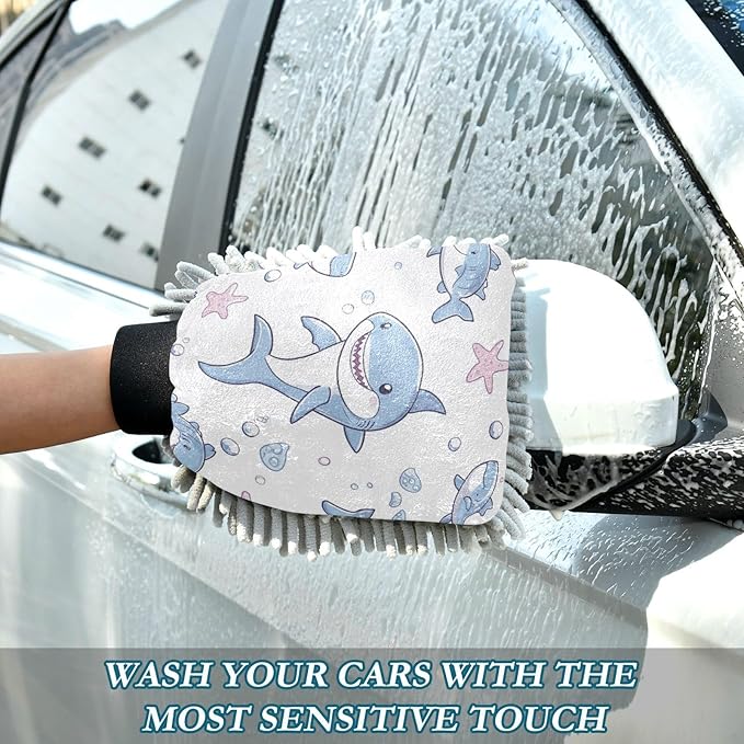 Car Wash Mitt Microfiber Wash Mitts for Car Washing Scratch-Free Cleaning Gloves Soft Non Absorbent Chenille Auto Hand Mitt Large 2Pack Cute Shark Kraken White