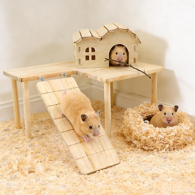2 Pcs Wooden Hamster Platform Set, Hamster Wooden House Hideout, with Detachable Ladder Bridge, Climbing Toys, Cage Accessories, Small Animals Habitat Decor for Rat Gerbils and Other Small Pets