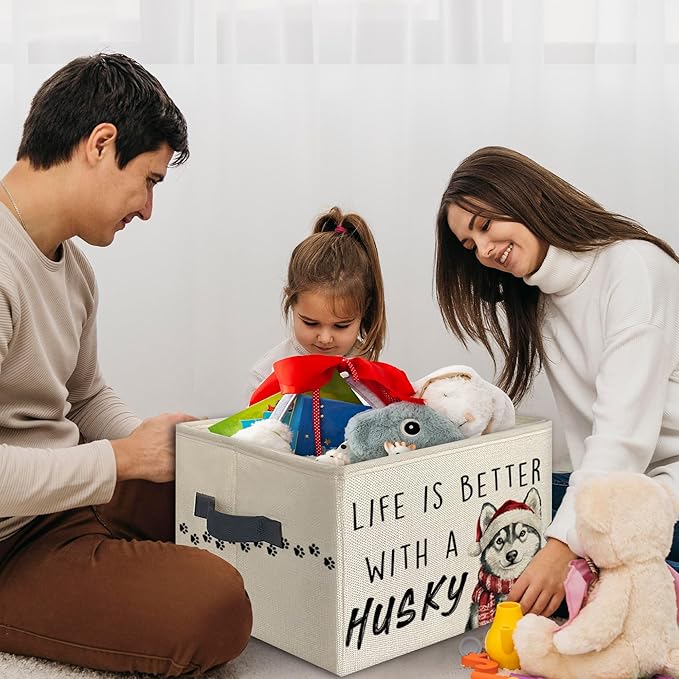 Christmas Husky Foldable Storage Bins Box with Handles, Gifts for Husky Lovers, Dog Mom Dad Lovers Gifts Collapsible Toys Books Clothes Organizer Basket for Bedroom Bathroom