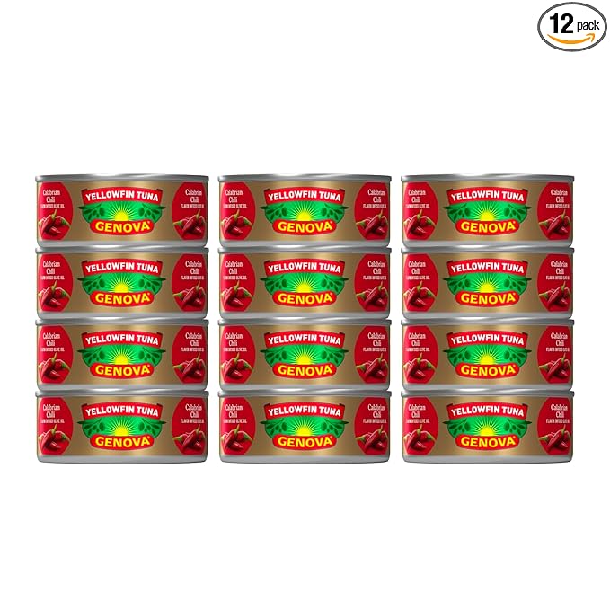 Genova Premium Yellowfin Tuna in Calabrian Chili Infused Olive Oil, 5 Ounce Cans (Pack of 12), Wild Caught Tuna, Solid Light