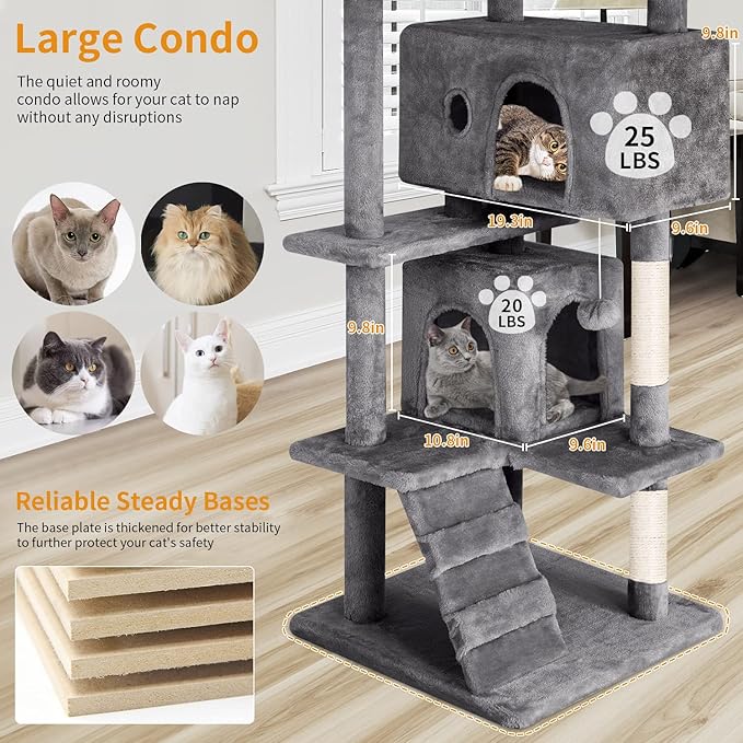 PayLessHere Cat Tree 54in Cat Tower with Cat Scratching Post,Multi-Level Cat Condo Stand House Furniture Kitty Activity Center with Furry Ball Toys Cat Tree for Indoor Cats, Light Gray