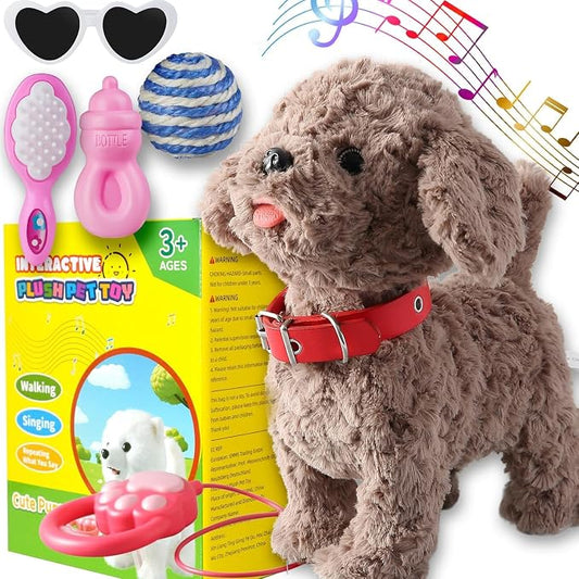 Teddy Walking Barking Dog Toy Singing Puppy Set, Repeat What You Say Teddy with Control Leash Electronic Dog, Touch or Voice Control Realistic Robot Musical Dancing Animated Plush Pet for Toddler