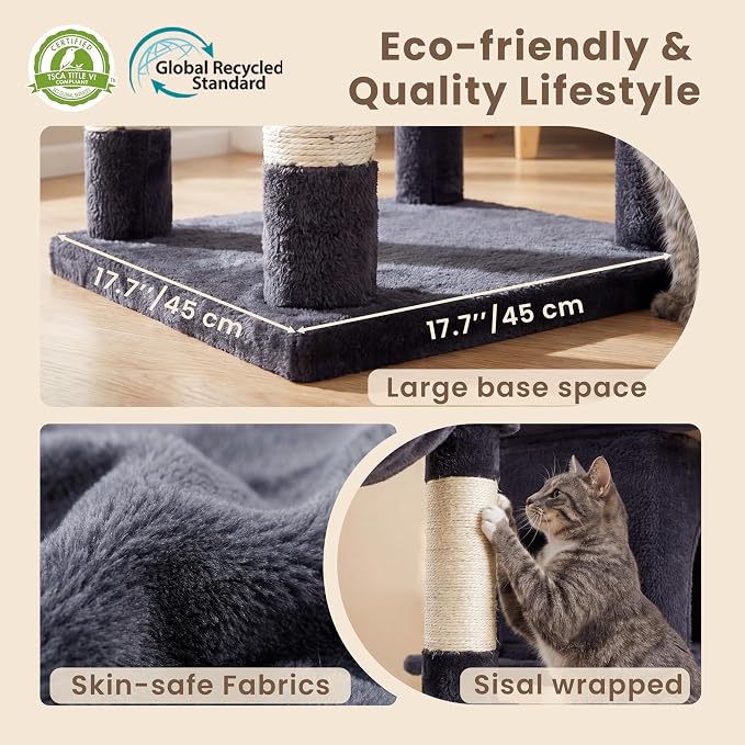 Heybly Cat Tree, 56-Inch Multi-Level Easy Climb Tower for Large Cats, Cat Furniture with 2 Perches, Cozy Hammock, Spacious Condo & Cat Basket, Durable Sisal Scratching Posts, Smoky Gray HCT028G