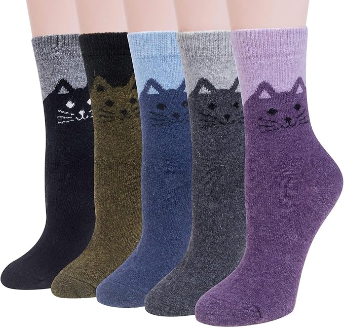 Justay 5 Pairs Womens Wool Socks Thick Warm Winter Socks Casual Cozy Socks Vintage Knit Crew Socks Gift for Women