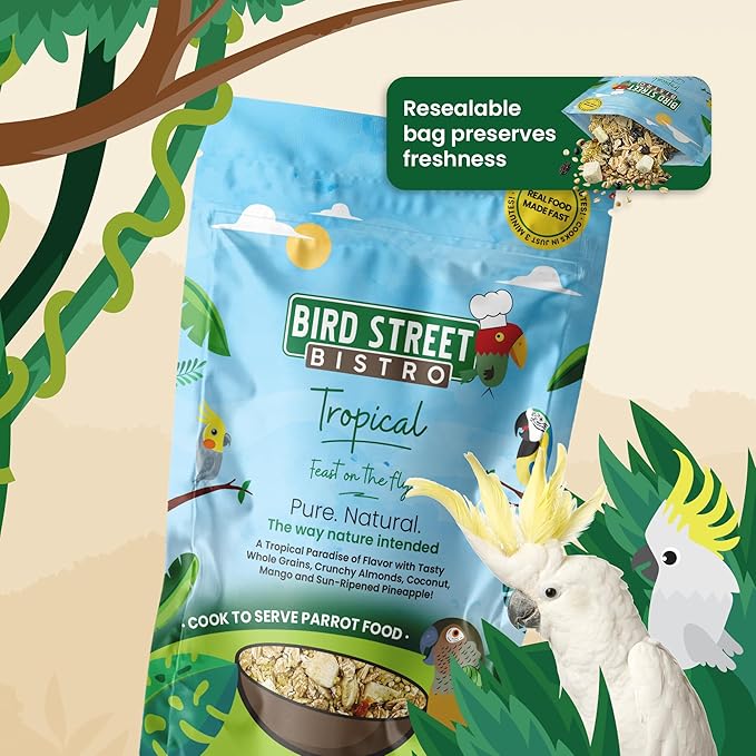 Bird Street Bistro Parrot Food for Parakeets & Cockatiels - Tropical - 18 oz - Cooks in 3-15 min, Natural Wholesome Grains, Fruits & Vegetables - USA Made