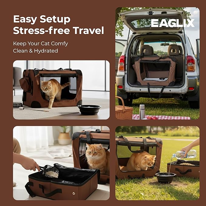 Large Cat Travel Carrier – Soft Sided Spacious Pet Carrier for Medium to Large Cats (Up to 25 lbs), Built-in Litter Box & Water Bottle, Car & Vet Travel, Foldable & Breathable – Brown