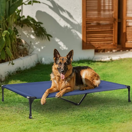 Veehoo Outdoor Elevated Dog Bed Large Sized Dogs, XL Cooling Raised Dog Cots Beds Training Platform Off Ground Hammock with Breathable Mesh, No-Slip Feet, 49"x33", Blue