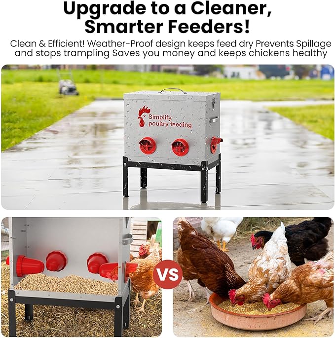 Hiqufet 40 lb Large Automatic Chicken Feeder with 6 No-Waste Ports – Outdoor Metal Chicken Feeders with Adjustable Stand, Rodent-Resistant Design & Riveted Handles for Chickens, Ducks & Poultry